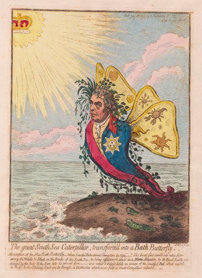 The Great South Sea Caterpillar, muutettu Bath Butterfly -pubiksi. 1792 (käsinvärinen kaiverrus) tekijältä James Gillray