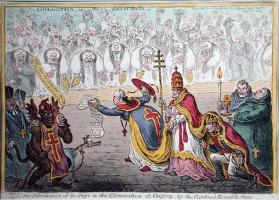 Kardinaali Broad-Bottomin paavin esittely Oxfordin kokoukseen, julkaisi Hannah Humphrey vuonna 1809 (käsinvärinen etsaus) tekijältä James Gillray