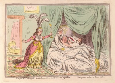 Jersey Smuggler havaitsi, tai hyvä syy eroon, avioliittovalat ovat vääriä, koska Dicers-valat, pub. 1796 (käsinvärinen kaiverrus) tekijältä James Gillray