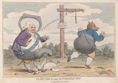 The Kettle Hooting the Porridge-Pot, pubi. 1782 (käsinvärinen kaiverrus) tekijältä James Gillray