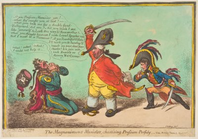 Magnanimous-Minister, joka moittii preussilais-perfidiaa, pub. 1806 (käsin väritetty kaiverrus) tekijältä James Gillray