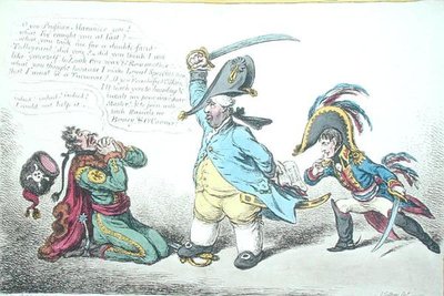Suurenmoinen ministeri kurittaa Preussilaista perfidia, julkaissut Hannah Humphrey vuonna 1806 (käsinvärinen etsaus) tekijältä James Gillray