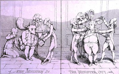 The Minister In - The Minister Out, julkaissut William Humphrey vuonna 1782 (etsaus) tekijältä James Gillray