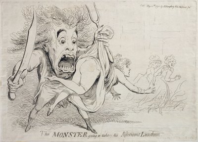 Hirviö syö iltapäivälounaansa, julkaisi Hannah Humphrey vuonna 1790 tekijältä James Gillray