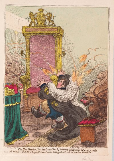 New Speaker, (eli Law-Chick) Hawksin ja Buzzardsin välillä, pub. 1800 (käsin väritetty kaiverrus) tekijältä James Gillray