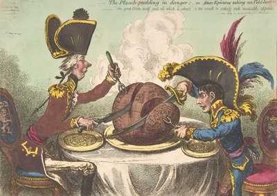 The Plumb-Pudding in Danger,-tai-State Epicures Take un Petit Souper, helmikuu..., 26. helmikuuta 1805. tekijältä James Gillray