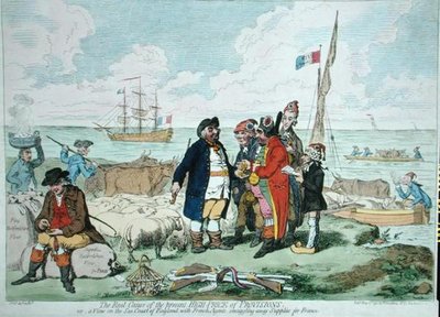 Varojen nykyisen korkean hinnan todellinen syy, julkaissut Hannah Humphrey vuonna 1795 (käsinvärinen etsaus) tekijältä James Gillray