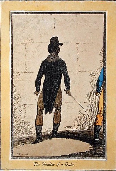 The Shadow of a Duke, Hannah Humphreyn julkaisema 1795 (käsinväritetty etsaus). tekijältä James Gillray