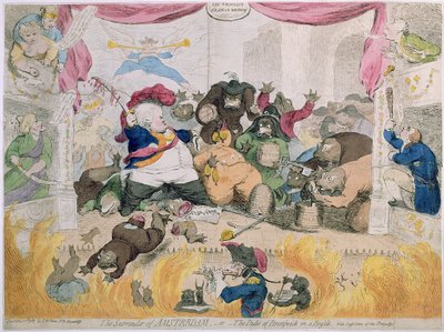 The Surrender of Amsterdam, or The Duke of Brunswick (1771-1815) in a Bustle, julkaissut S.W. Fores vuonna 1787 (käsin väritetty etsaus). tekijältä James Gillray