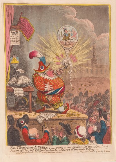 Theatrical Bubble: on uusi esimerkki suuren Politico-Punchinellon hämmästyttävistä voimista dramaattisen puffauksen taiteessa, pub. 1805 (käsinvärinen kaiverrus) tekijältä James Gillray