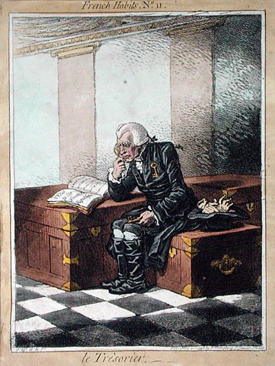 Rahastonhoitaja, levy 11 julkaisusta "French Habits", julkaissut Hannah Humphrey vuonna 1798 (värillinen etsaus) tekijältä James Gillray