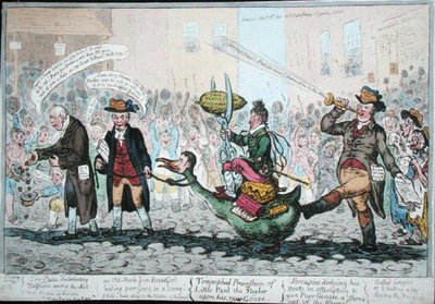 Pikku Paavali Taylorin riemukulkue uudella hanhellaan, julkaistu vuonna 1806 (käsin väritetty etsaus). tekijältä James Gillray