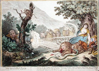 Haavoittunut leijona, julkaissut Hannah Humphrey vuonna 1805 (käsinvärinen etsaus) tekijältä James Gillray