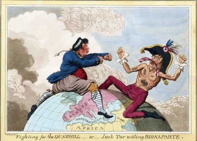 Taistelu Dunghillsin tai Jack Tarin (joka edustaa Britannian laivaston miehiä) puolesta Napoleon Bonapartea vastaan (1769-1821). tekijältä James Gillray