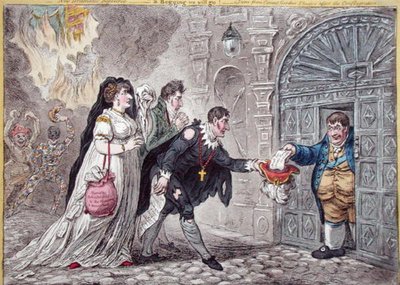 Hannah Humphreyn vuonna 1809 julkaisema teatteri Mendicants relieved (käsin väritetty etsaus). tekijältä James Gillray