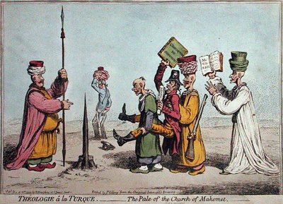 Theologie a la Turque, The Pale of the Church Mahomet, julkaissut Hannah Humphrey vuonna 1799 (käsinvärinen etsaus) tekijältä James Gillray