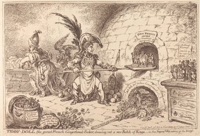 Tiddy-Doll, suuri piparkakkupekari, leipomassa uutta erää kuninkaita tekijältä James Gillray