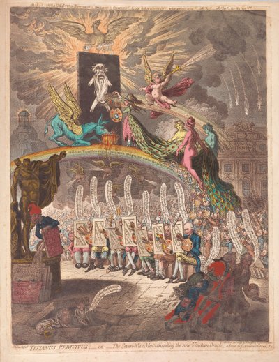 Titianus Redivivus tai Seitsemän viisasta neuvomassa uutta Venetian Oraclea, kohtausta Academic Grove No.1, pubissa. 1797 (käsinvärinen kaiverrus) tekijältä James Gillray
