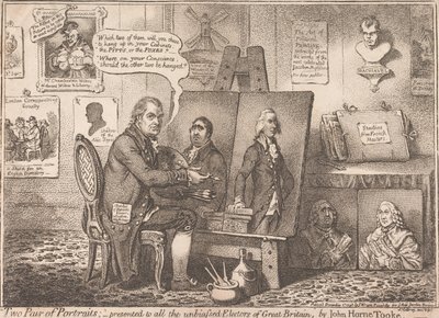 ”Kaksi paria muotokuvia”; omistettu kaikille puolueettomille vaalimiehille Isossa-Britanniassa tekijältä James Gillray