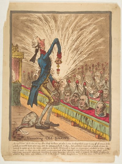 Vanhan sherryn avaaminen, 10. maaliskuuta 1805. tekijältä James Gillray