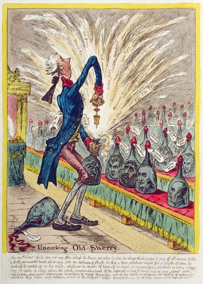 Hannah Humphreyn vuonna 1805 julkaisema "Vanhan sherryn korkin avaaminen" (käsin väritetty etsaus). tekijältä James Gillray