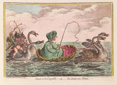 Venus a la Coquelle; tai Joutsenmeren Venus, pubi. 1809 (käsinvärinen kaiverrus) tekijältä James Gillray