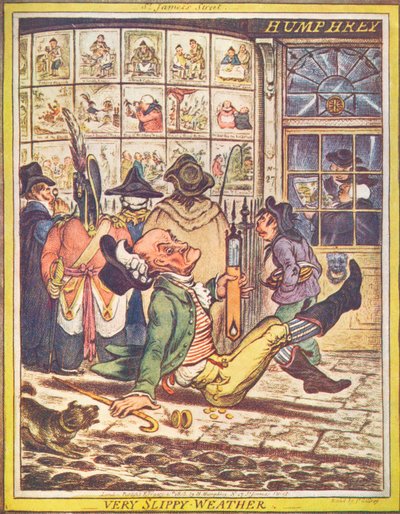 Erittäin liukas sää, 1808 tekijältä James Gillray