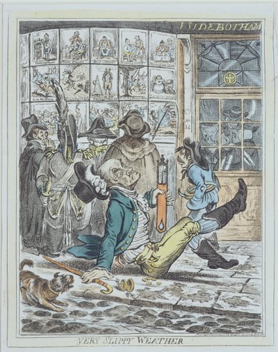 Very Slippy Weather, kaiverrus J. Sidebotham (väri litho) tekijältä James Gillray