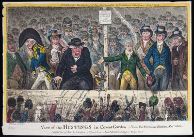 Näkymä Hustingsista Covent Gardenissa, julkaissut Hannah Humphrey vuonna 1806 (käsinvärinen etsaus akvatintalla) tekijältä James Gillray