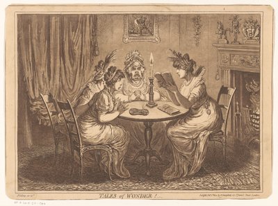 Nainen lukee kauhuromaania Tales of Wonder! (otsikko esineessä) tekijältä James Gillray