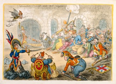 Westminster Conscripts under the Training Act, julkaissut Hannah Humphrey vuonna 1806 (käsinvärinen etsaus) tekijältä James Gillray