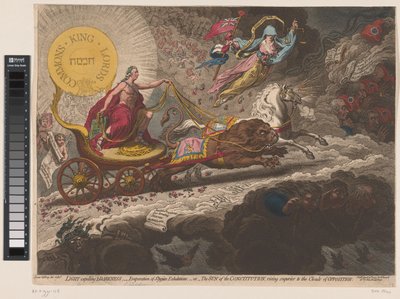 William Pitt Verdrijft de duistere krachten, 1795 Valo, joka karkottaa pimeyden, - Stigian uloshengitysten haihtuminen - tai - Perustuslain aurinko, joka nousee yli vastustuksen pilviä (otsikko esineessä) tekijältä James Gillray