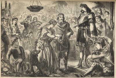 Vortigern (Gwrtheyrn) (5. vuosisata) Bretonien ja Rowenan kuningas - Rowena, Hengistin tytär, tarjoaa viiniä Vortigernille, brittien heimokuninkaalle - Vortigern, Ison-Britannian kuningas, ihastunut Rowenaan Saksin kenraalin Hengistin juhlissa - kaiverrus tekijältä James Godwin