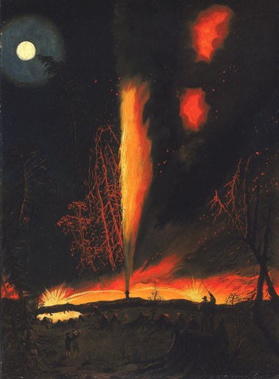 Palava öljylähde yöllä, lähellä Rousevillea, Pennsylvania tekijältä James Hamilton