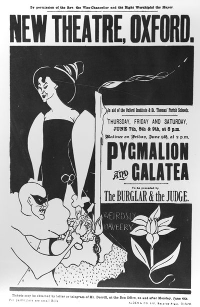 Juliste "Pygmalion ja Galatea" -tuotannosta Oxfordin New Theatressa 7.-9. kesäkuuta 1894 tekijältä James Hearn