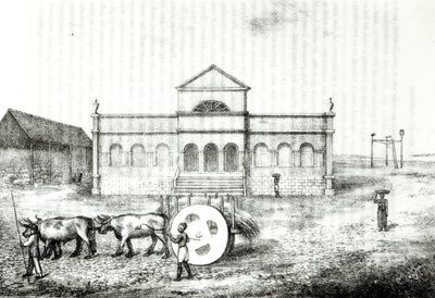 Rion pörssi, julkinen trapiche, ruohovaunu ja gallows, kuvitus James Hendersonin "Brasilian historiasta", julkaistu Lontoossa vuonna 1821 tekijältä James Henderson