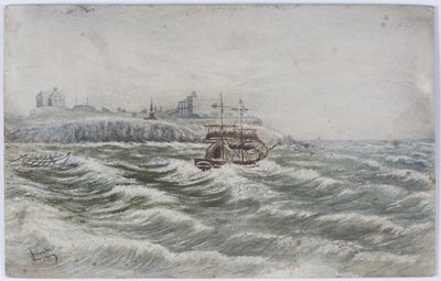 Littlehamptonin vatsan stranding ja Tynen pelastusvenemiehistön menetys (akvarelli, rungon väri ja raapiminen paperille) tekijältä James Henry Cleet