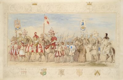 William Cravenin jaarli, Griffinin ritari ja Henry de la Poer Beresford, Waterfordin markiisi, Lohikäärmeen ritari, 1839 (lyijykynä, wc, guassi ja kultamaali paperille) (ks. myös 366230). tekijältä James Henry Nixon