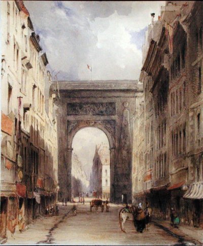 Rue Vivienne ja Porte St. Denis, Pariisi, noin 1830 (vesiväri paperille). tekijältä James Holland