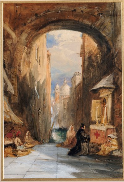 Venetsia: Edicola holvikäytävän alla, Santa Maria della Salute kaukana, 1853 tekijältä James Holland