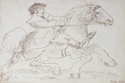 Hevoskauppias panee nuoren Clydesdalen koetukselle, 1830 (seepia tussi paperille). tekijältä James Howe