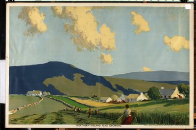 Pohjois-Irlanti - pellavanviljely, sarjasta "The Home Countries First" (värilitho) tekijältä James Humbert Craig