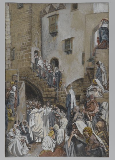 Nainen huutaa väkijoukossa, esimerkki teoksesta Herramme Jeesuksen Kristuksen elämä, 1886-94 (wc grafiitin päällä paperilla) tekijältä James Jacques Joseph Tissot
