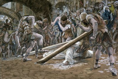Kristus putoaa ristin alle, kuvitus teoksesta The Life of Christ, n. 1884-1896 (wc ja guassi pahville) tekijältä James Jacques Joseph Tissot