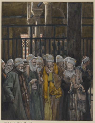 Juutalaisten salaliitto, esimerkki teoksesta Herramme Jeesuksen Kristuksen elämä, 1886-94 (wc grafiitin päällä paperilla) tekijältä James Jacques Joseph Tissot