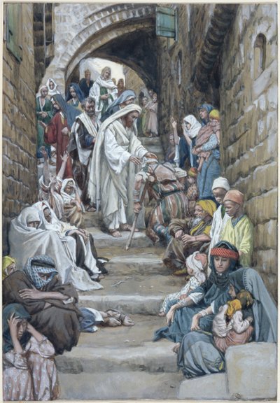 Kylissä sairaita tuotiin hänen luokseen, kuvitus teokseen The Life of Christ, n. 1886-1894 (wc ja guassi pahville) tekijältä James Jacques Joseph Tissot