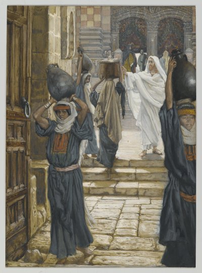 Jeesus kieltää kuormien kantamisen temppelin etupihalla, esimerkki teoksesta Herramme Jeesuksen Kristuksen elämä, 1886-94 (wc grafiitin päällä paperilla) tekijältä James Jacques Joseph Tissot