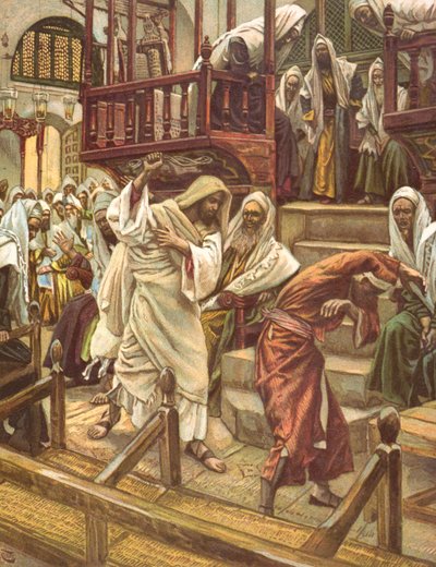 Jeesus parantaa demonin riivaaman miehen synagogassa, kuvitus teokselle "La Vie de notre Seigneur Jesus-Christ", julkaistu Toursissa 1896 tekijältä James Jacques Joseph Tissot