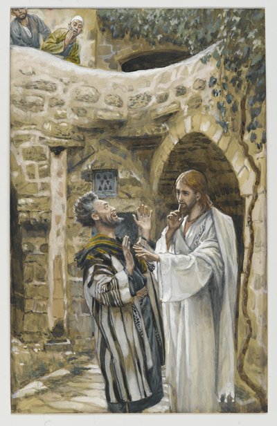 Jeesus parantaa mykän riivatun miehen, esimerkki teoksesta Herramme Jeesuksen Kristuksen elämä (wc grafiitin päällä paperilla) tekijältä James Jacques Joseph Tissot