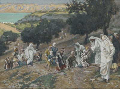 Jeesus parantaa sokeita ja rampoja vuorella, esimerkki teoksesta Herramme Jeesuksen Kristuksen elämä (wc grafiitin päällä paperilla) tekijältä James Jacques Joseph Tissot